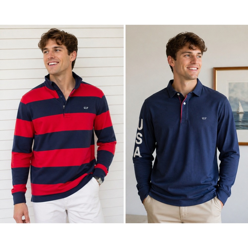 Vineyard Vines Rugby Shirt Mens Large Lot 2 Whale Logo Stripe 1/4 Zip USA